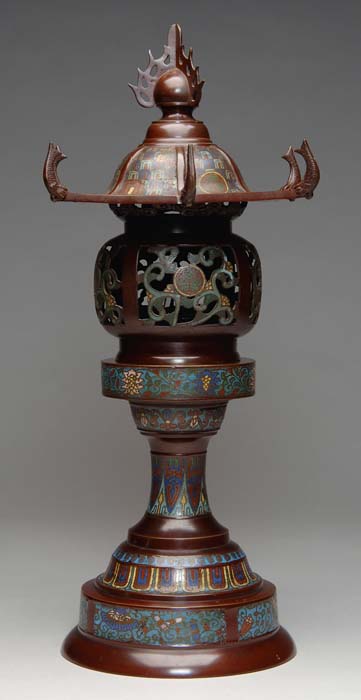 Appraisal: CHINESE CHAMPLEVE CENSOR Converted to an electric lamp Dark bronze