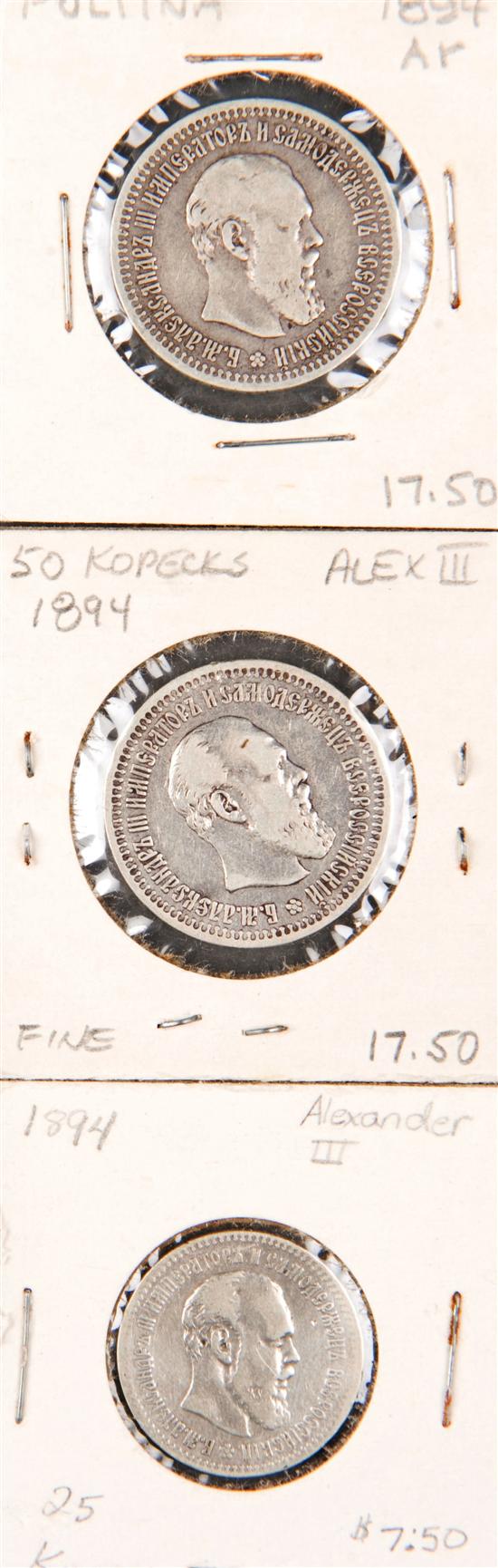 Appraisal: Russian Silver Coins Alexander III x Kopecks Alexander III Kopecks