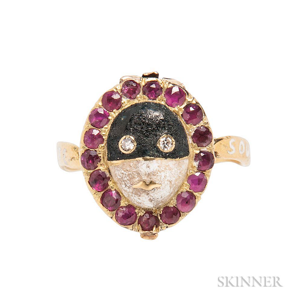 Appraisal: Antique Gold and Enamel Carnival Mask Ring Antique Gold and