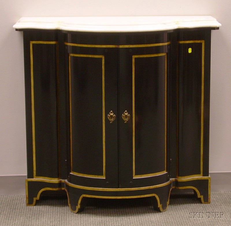 Appraisal: Victorian-style White Marble-top Gilt and Ebonized Swell-front Two-Door Side Cabinet