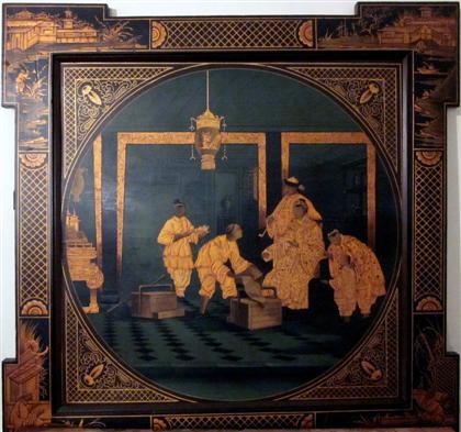 Appraisal: Chinese export gilt and black lacquered wall hangingThe central panel