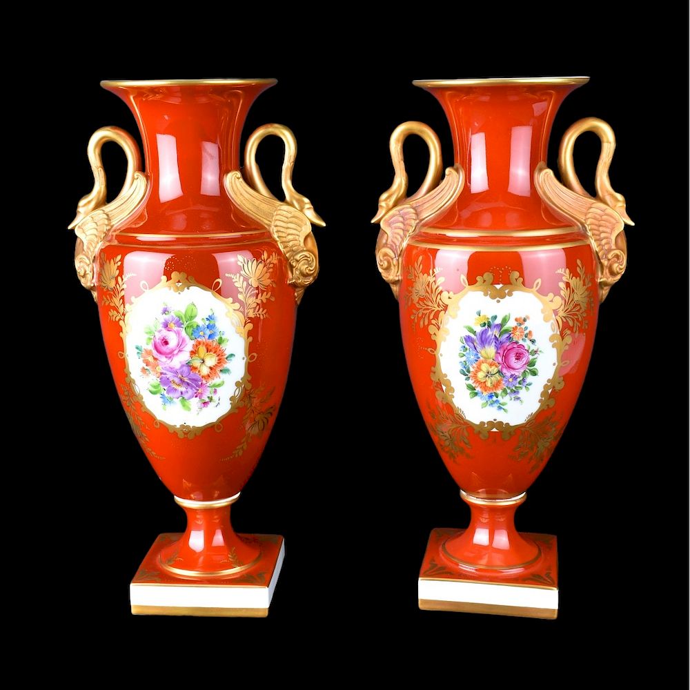 Appraisal: Pair Dresden Vases Pair vintage Dresden hand painted porcelain bolted