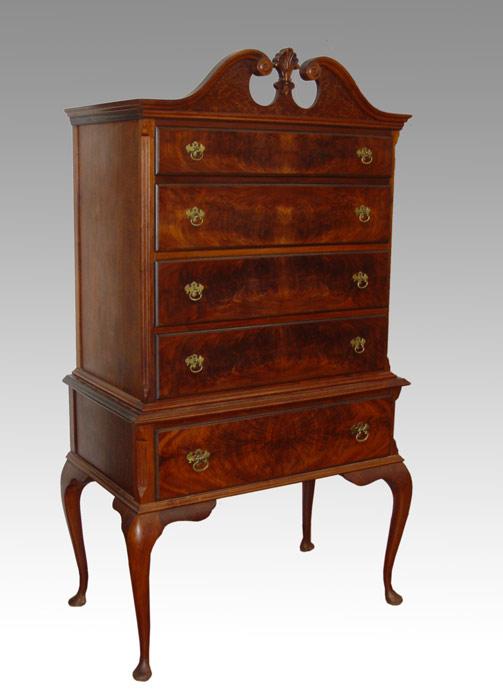 Appraisal: DIMINUTIVE DRAWER HIGHBOY Burl Walnut veneer arch pediment over flame