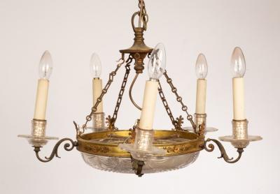 Appraisal: An Edwardian style cut glass five-light electrolier the gilt scroll