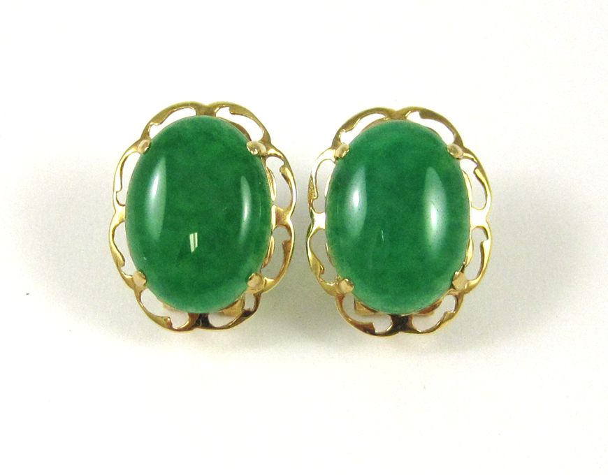 Appraisal: PAIR OF JADE AND FOURTEEN KARAT GOLD EARRINGS each yellow