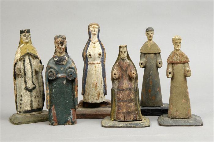 Appraisal: Six Polychrome Carved Wood Santos Figures to in Provenance The