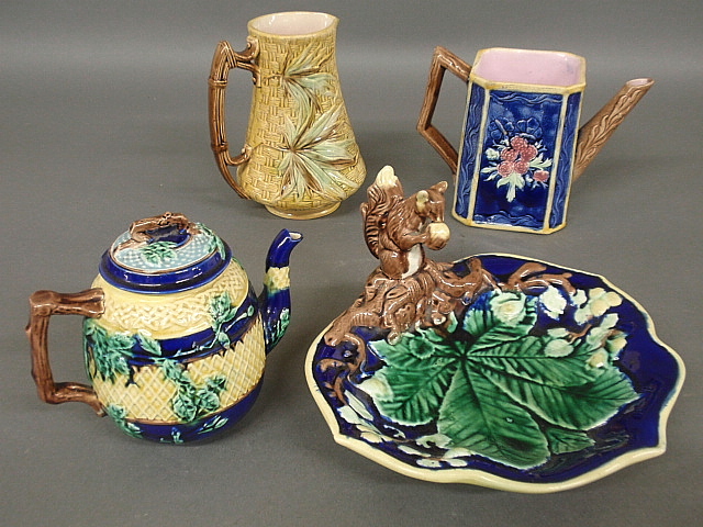 Appraisal: - English majolica squirrel dish h x colorful teapot Banks