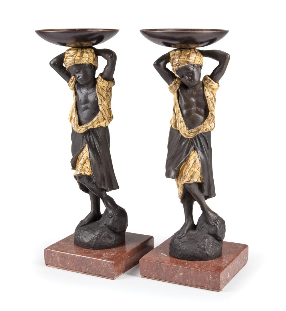 Appraisal: Pair of Continental Patinated Bronze Figural Tazzas th c rouge