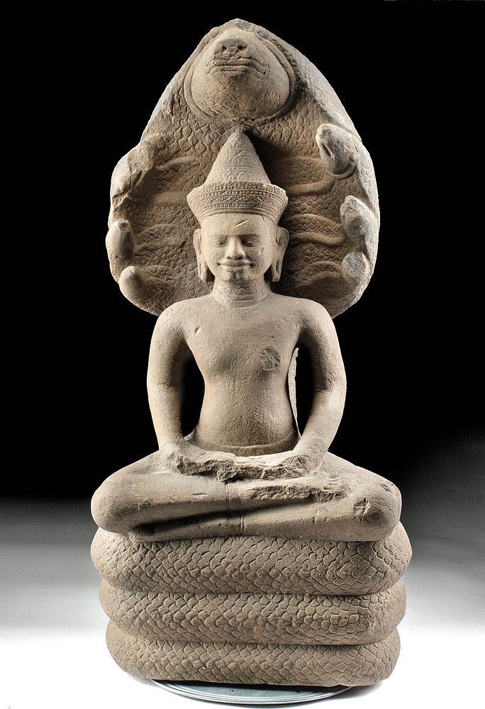 Appraisal: th C Khmer Stone Buddha on Naga Throne Southeast Asia