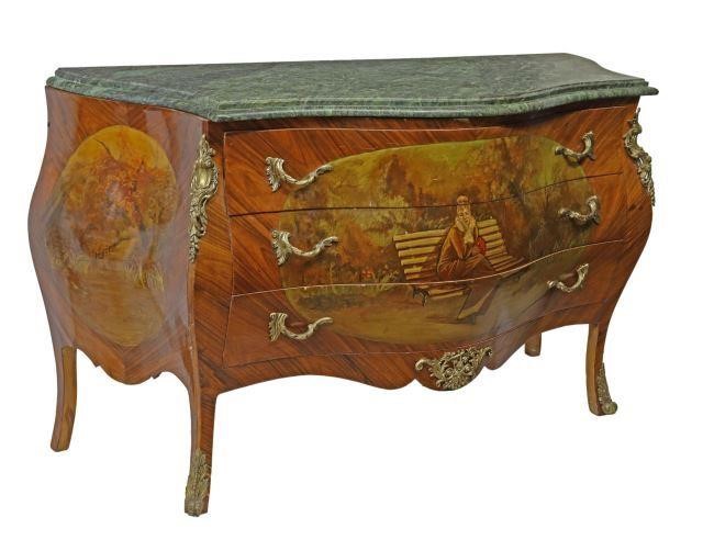 Appraisal: French Louis XV style marble-top bombe commode th c having