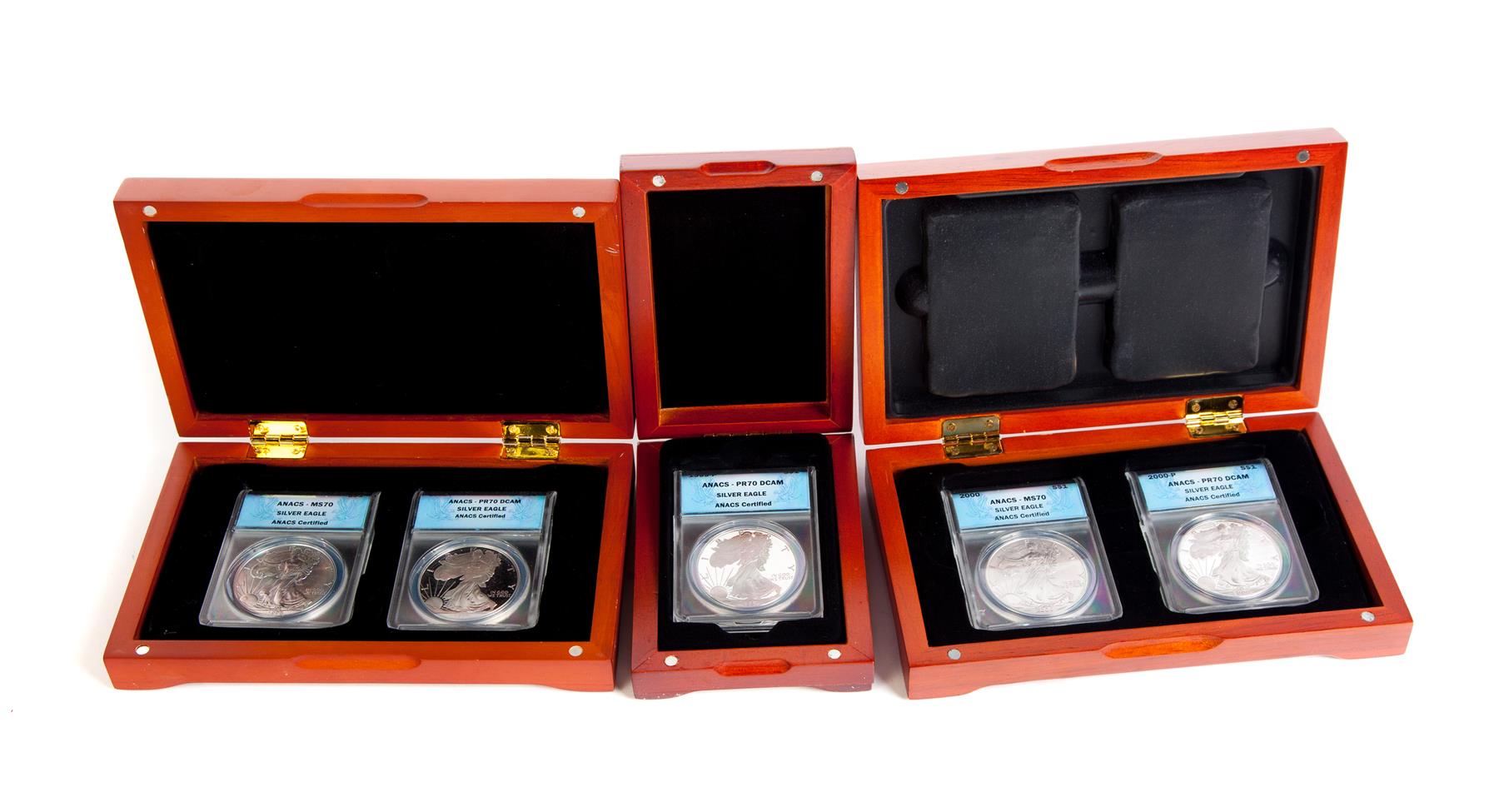 Appraisal: FIVE AMERICAN SILVER EAGLES P ANACS PR DCAM in fitted