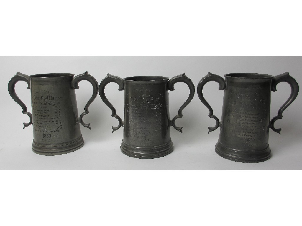 Appraisal: Three pewter two-handled Cambridge College Crested trophies to include Christs