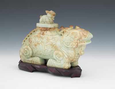 Appraisal: Jade Beast Figure Vessel with Small Beast on Lid Very