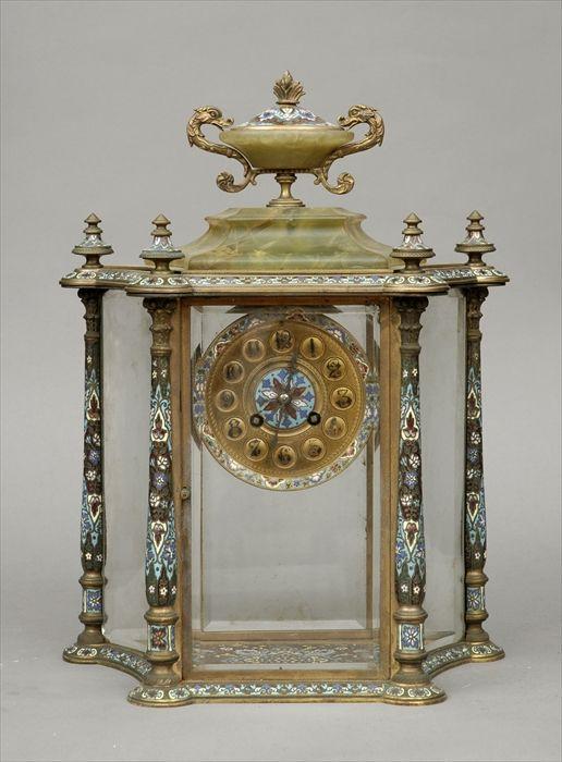 Appraisal: French Gilt-Metal Cloisonn Enamel and Green Onyx Mantel Clock x