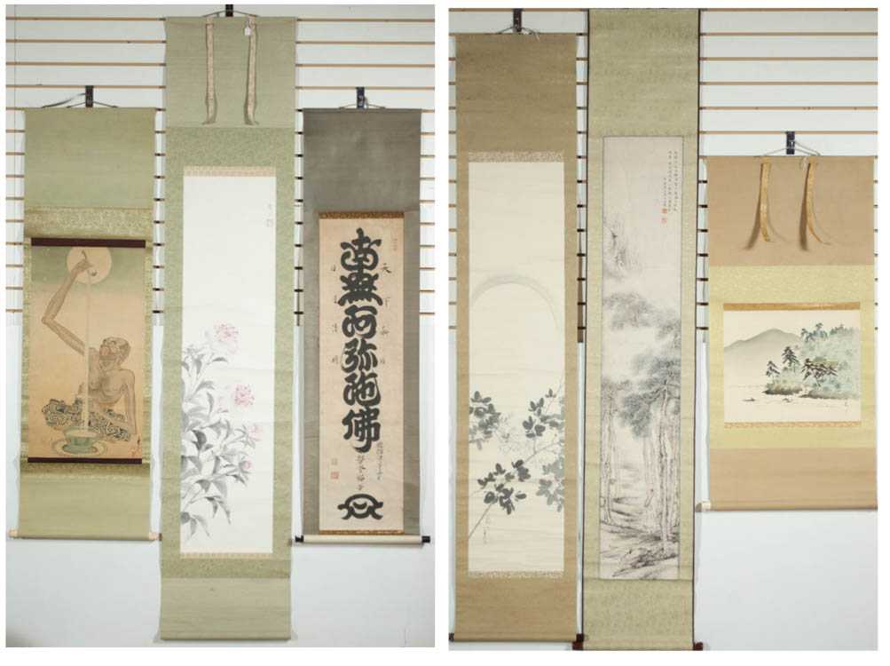 Appraisal: SIX JAPANESE HAND PAINTED SCROLLS a peonies calligraphy river landscape