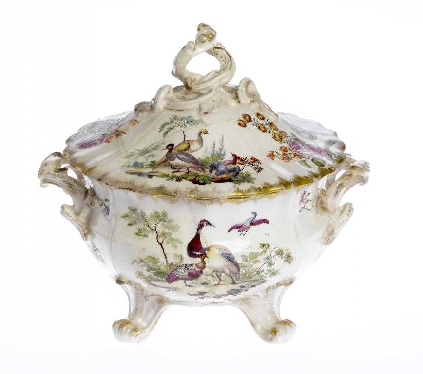 Appraisal: A CHELSEA SILVER SHAPED TUREEN AND COVER enamelled with groups