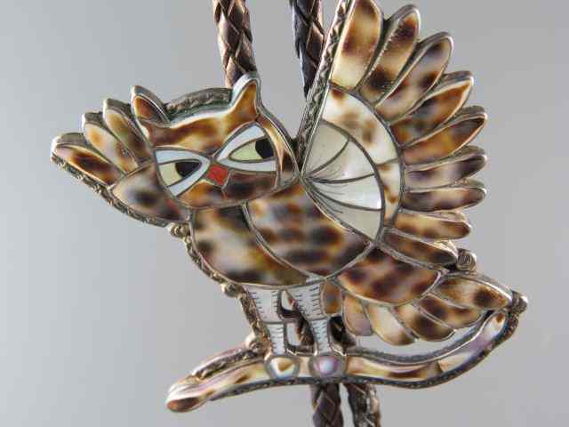 Appraisal: Indian Figural Bolo Tie inlaid shell owl signed sterling silver