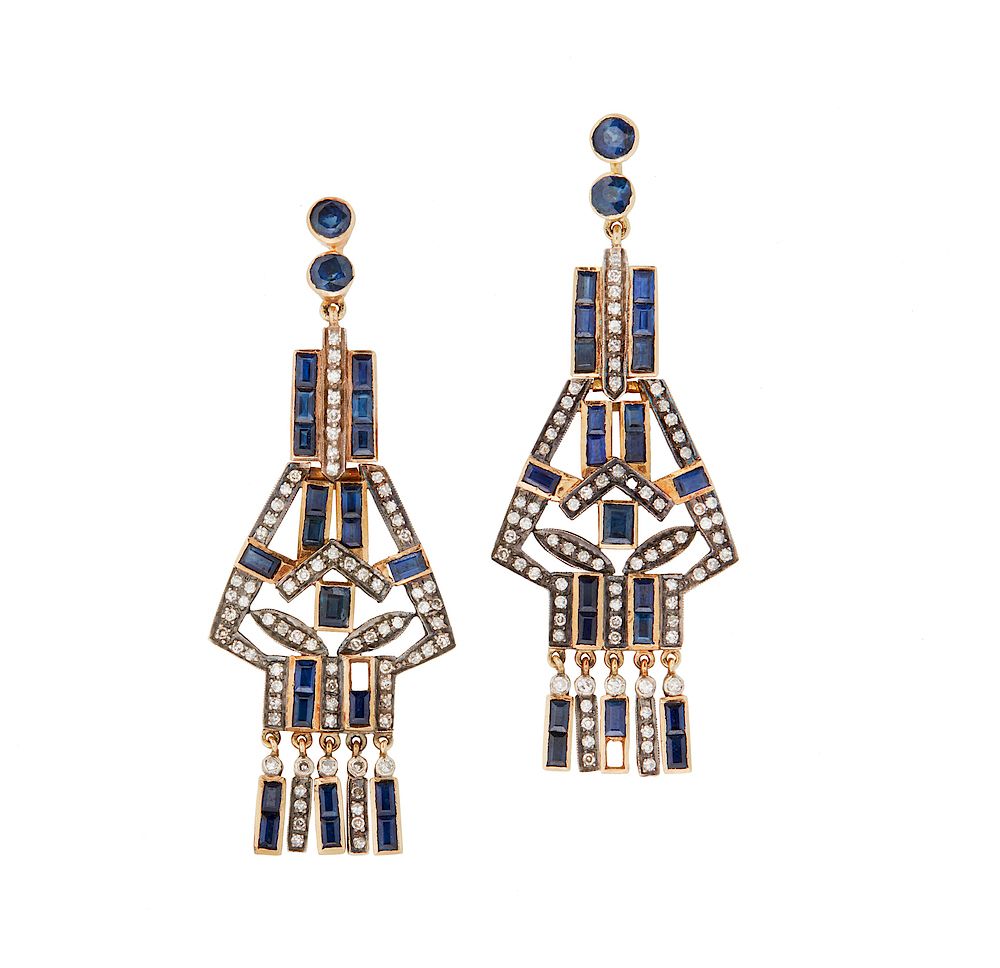 Appraisal: k Sapphire and Diamond Earrings k gold and silver sapphire