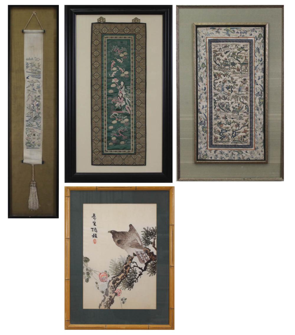 Appraisal: FOUR FRAMED CHINESE SILK EMBROIDERIES x two-part pictorial on ivory