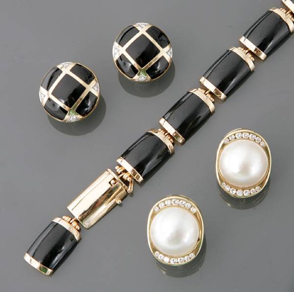 Appraisal: A collection of enamel onyx mabe' pearl diamond and gold