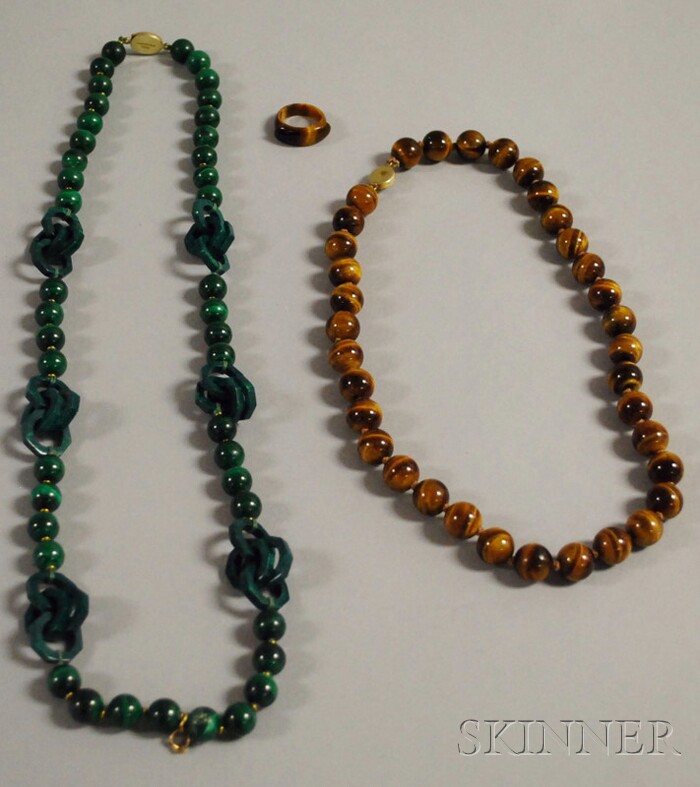 Appraisal: Two Malachite and Tiger's-Eye Beaded Necklaces with a tiger's-eye saddle