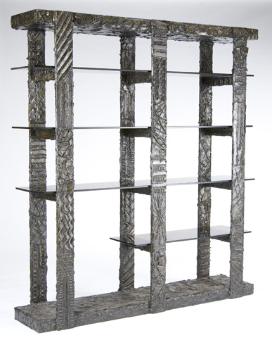 Appraisal: PAUL EVANS Sculpted Bronze room divider with four glass shelves