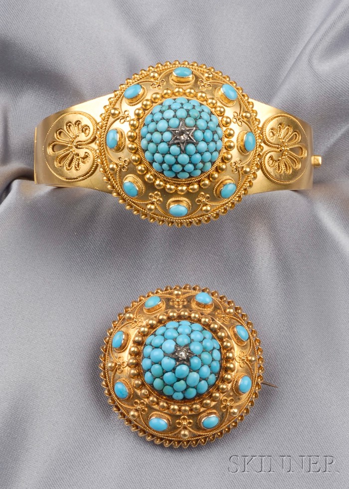 Appraisal: Victorian Turquoise and Diamond Bracelet and Brooch the hinged bangle