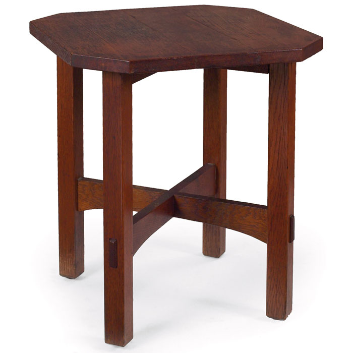 Appraisal: L and JG Stickley tabouret cut-corner top supported by a