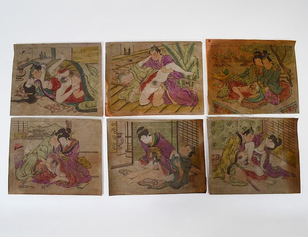 Appraisal: GROUP OF SIX JAPANESE SHUNGA PAINTINGS ON SILK Measuring by