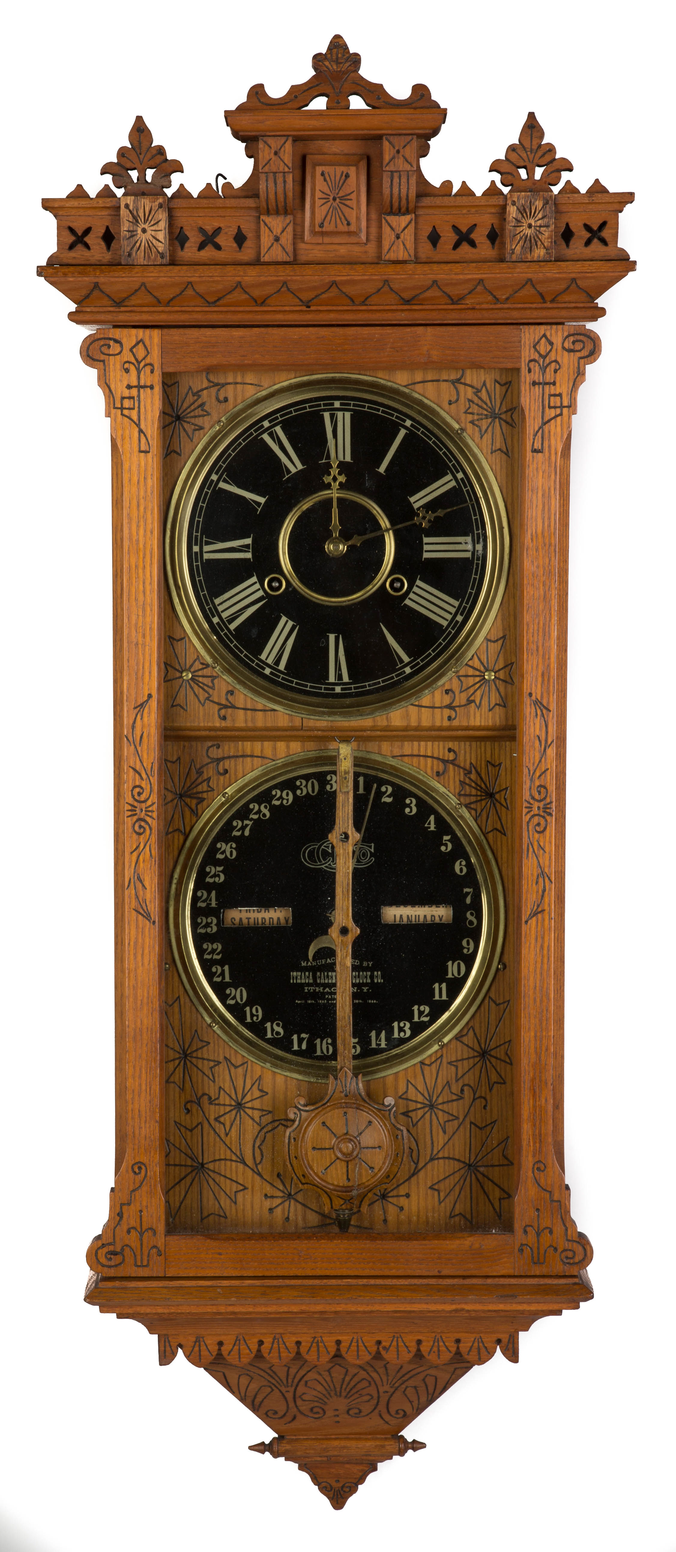 Appraisal: Ithaca Hanging Belgrade Carved oak case refinished Replaced black dials