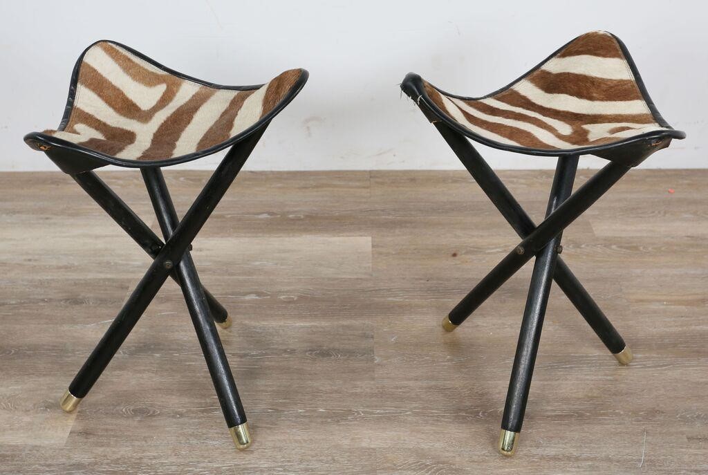 Appraisal: MID CENTURY MODERN ZEBRA HIDE TRIPOD STOOLS Mid Century Modern