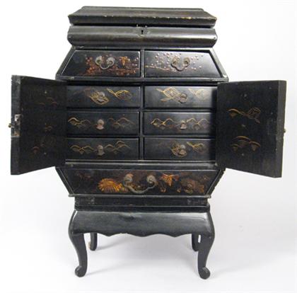 Appraisal: Miniature Japanese lacquered and painted table chestIn two parts The