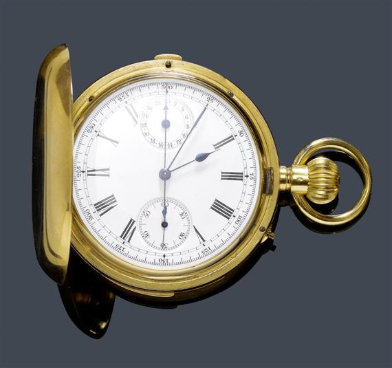 Appraisal: A HUNTER POCKET WATCH CHRONOGRAPH MINUTES REPEATER Switzerland circa Yellow