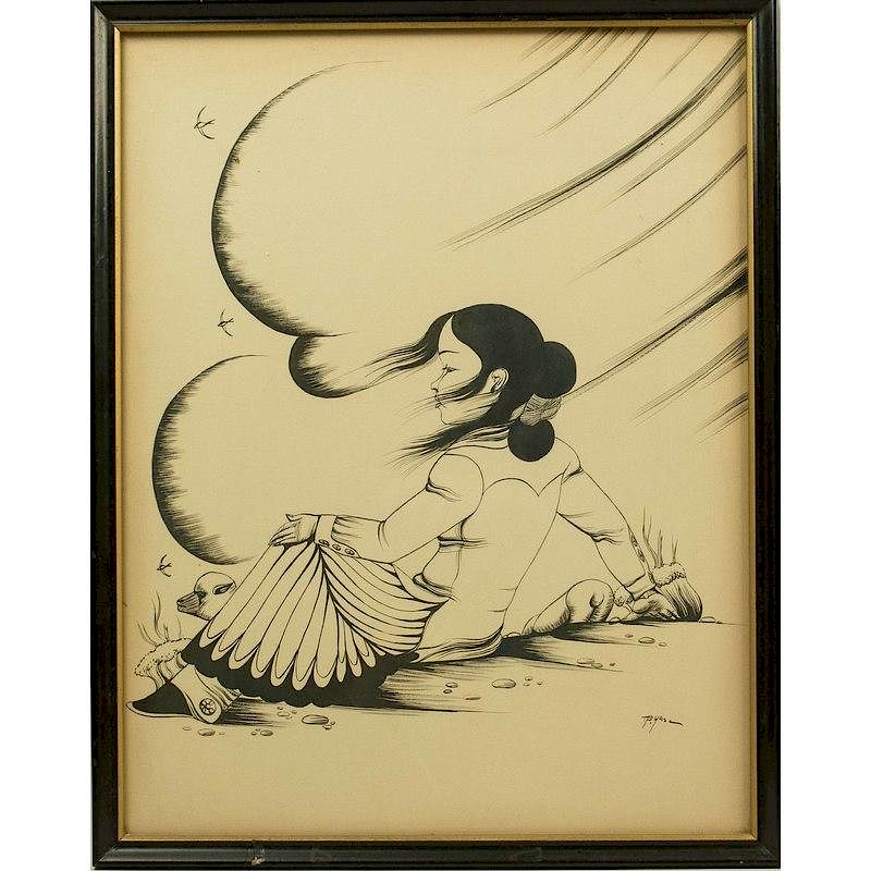 Appraisal: Figural Drawing Framed pen and ink drawing illegibly signed lower