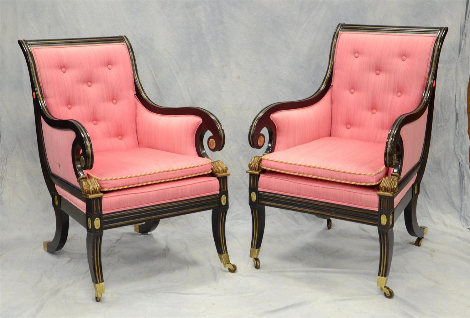 Appraisal: Pr Baker French Empire style armchairs ebonized with gilt trim