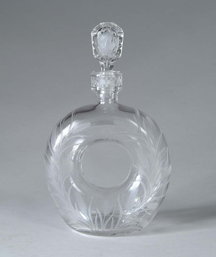 Appraisal: SINCLAIRE DECANTER Donut shaped with cut decoration of wheat with