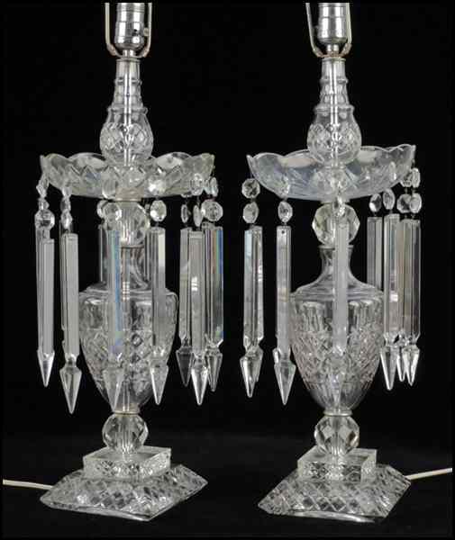 Appraisal: PAIR OF CUT GLASS TABLE LAMPS WITH HANGING LUSTERS Height