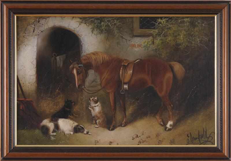 Appraisal: EDWARD ARMFIELD - HORSE WITH THREE DOGS Oil on canvas