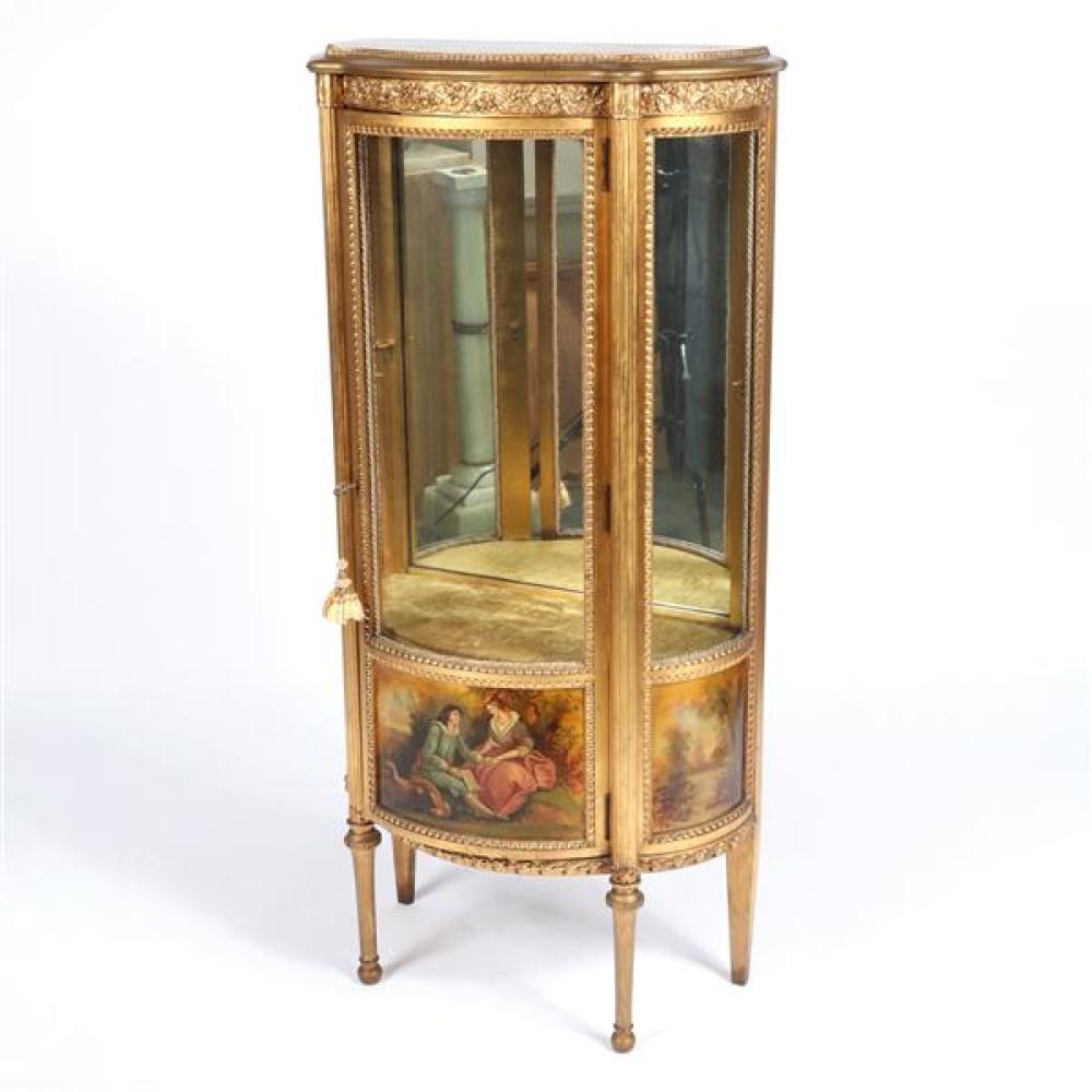 Appraisal: FRENCH VICTORIAN VERNIS MARTIN GILT CURIO CABINET WITH CURVED GLASS