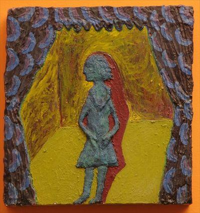 Appraisal: PAULA COLLERY UNTITLED SHADOWED FIGURE ON STAGE Mixed media on