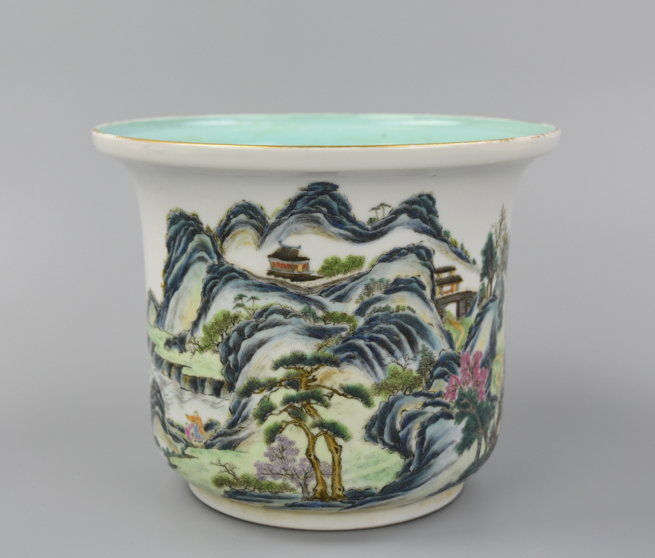 Appraisal: CHINESE FAMILLE ROSE FLOWERPOT W LANDSCAPE ROC P A Chinese