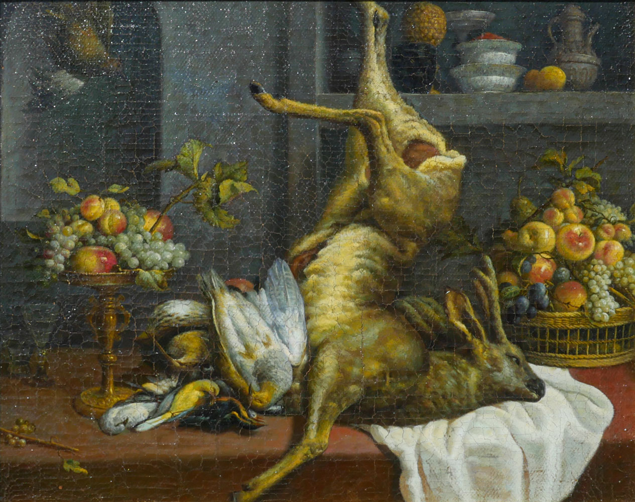 Appraisal: NATURE MORTE STILL LIFE PAINTING DEER BIRDS AND FRUIT Highly