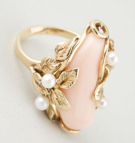 Appraisal: KT Yellow Gold Coral and Pearl Ring pale pink coral