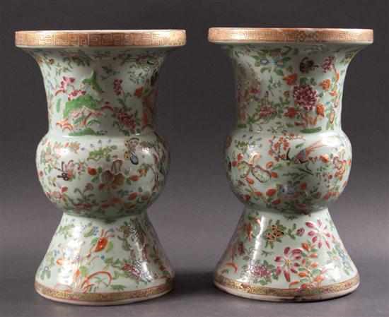 Appraisal: Pair of Chinese Export Famille Rose celadon porcelain ku-form vases