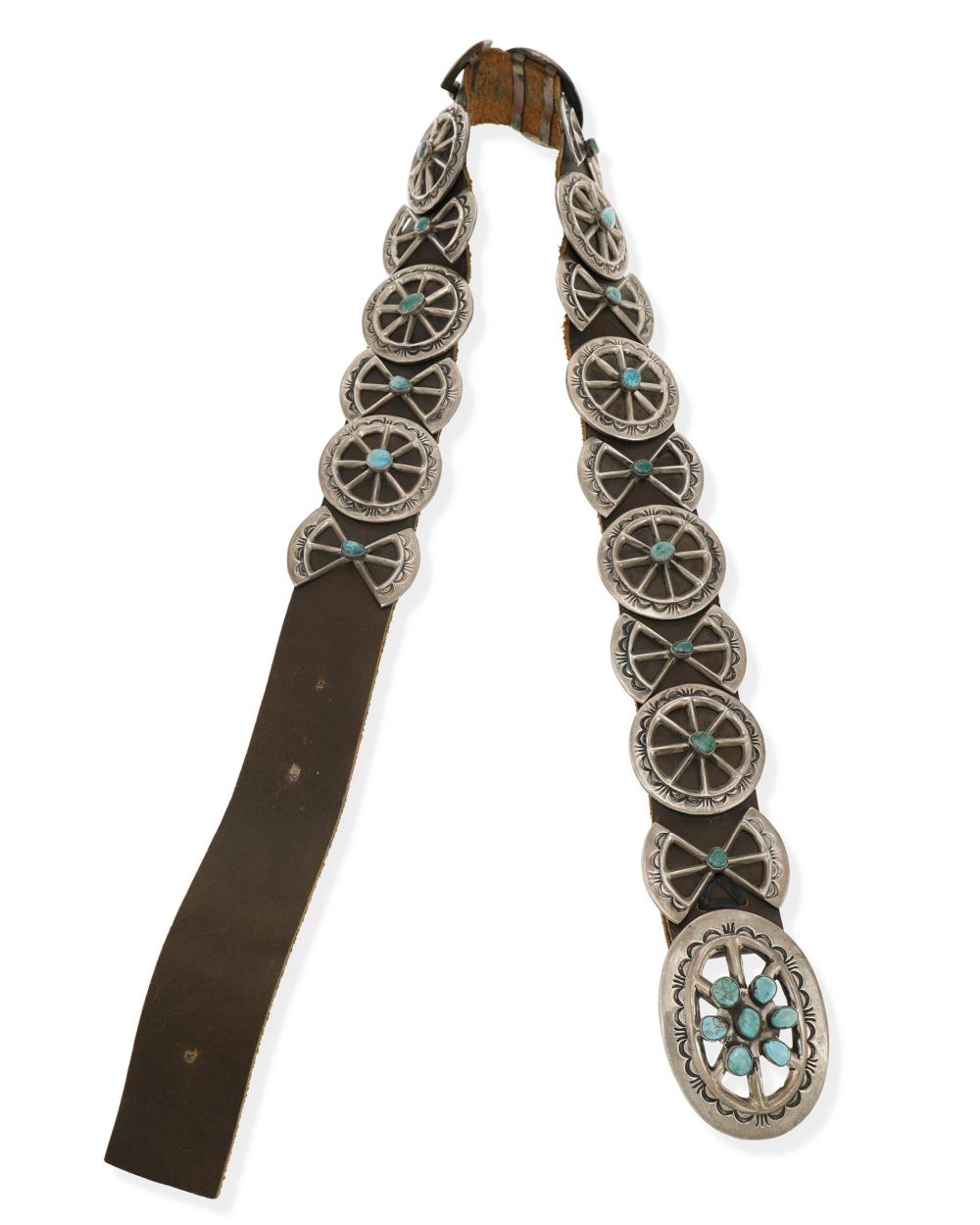 Appraisal: A Navajo silver and turquoise concho belt Second-Half th Century