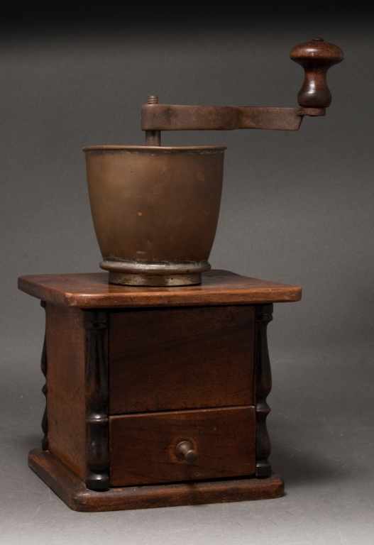 Appraisal: Victorian walnut and copper coffee grinder late th century Estimate