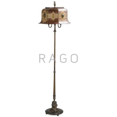 Appraisal: MICA SHADE FLOOR LAMP Brass columnar base dolphin finial early