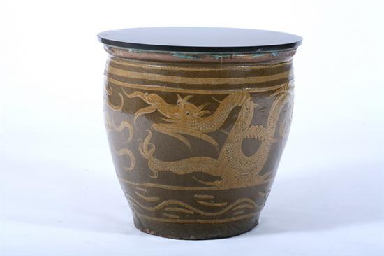 Appraisal: CHINESE BROWN AND OCHRE STONEWARE STORAGE JAR With dragon decoration