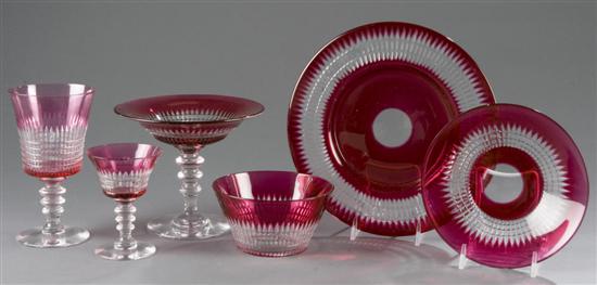 Appraisal: Cut cranberry crystal dessert service th century Set is comprised