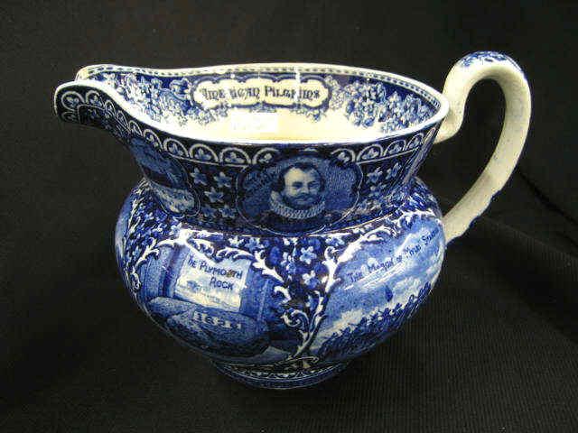 Appraisal: Rowland Marsellus Historical Pottery Pitcher American Pilgrims blue white with